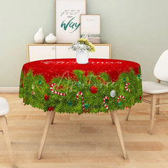 Aperturee - Aperturee Merry Christmas Red Round Tablecloth with Green Pine Garland Border Simple Holiday Dining Table Decor