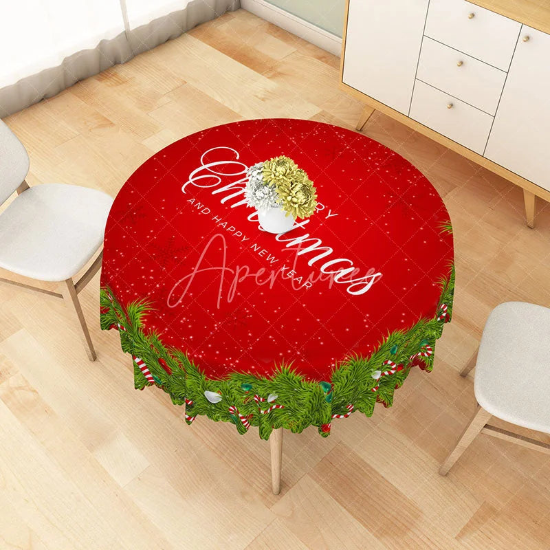 Aperturee - Aperturee Merry Christmas Red Round Tablecloth with Green Pine Garland Border Simple Holiday Dining Table Decor