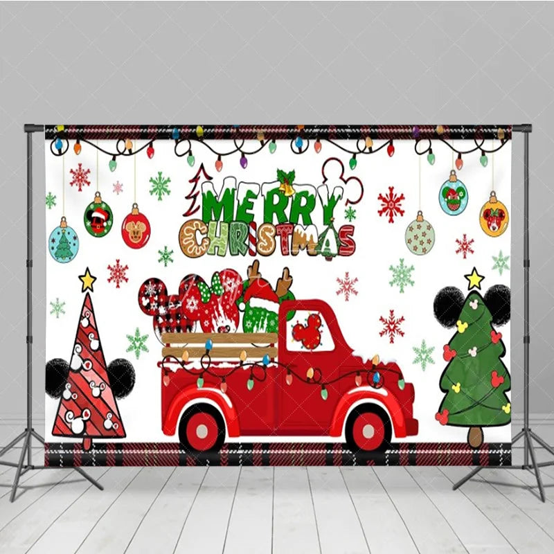 Aperturee - Aperturee Merry Christmas Red Truck Backdrop with Mouse Ears Plaid Accents and Lights Cartoon Holiday Party Decor