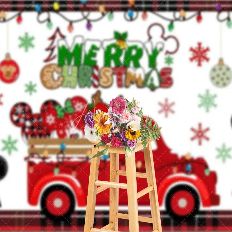 Aperturee - Aperturee Merry Christmas Red Truck Backdrop with Mouse Ears Plaid Accents and Lights Cartoon Holiday Party Decor