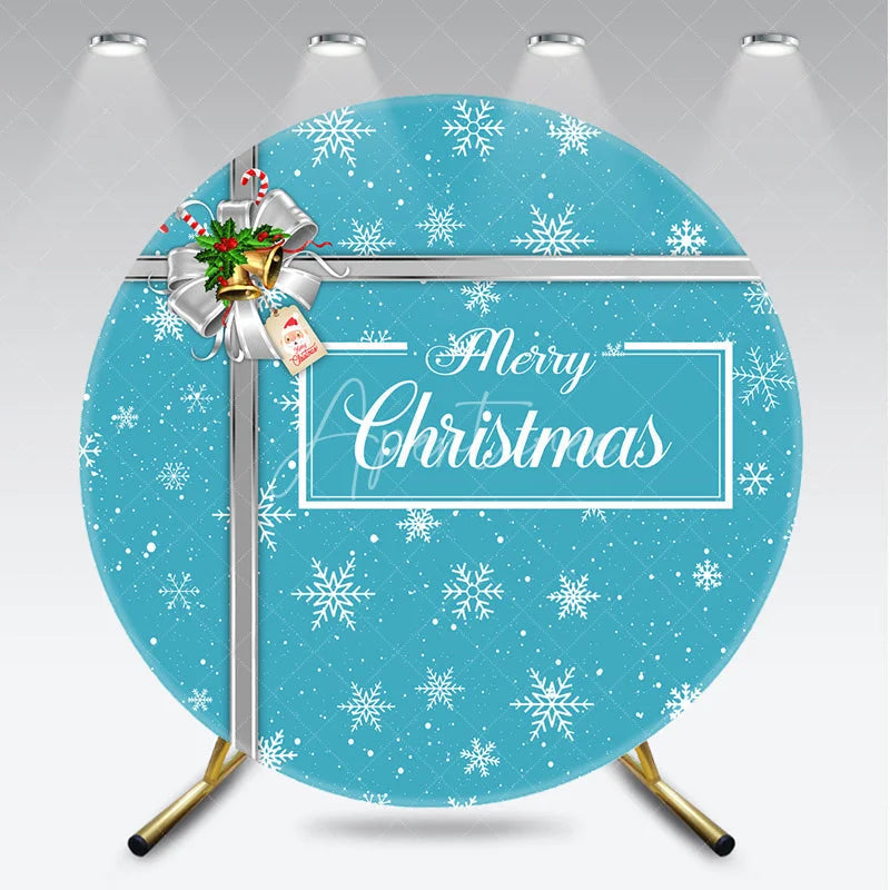 Aperturee - Aperturee Merry Christmas Round Backdrop Blue Snowflake Gift Box Silver Ribbon Jingle Bells Holiday Party Decor
