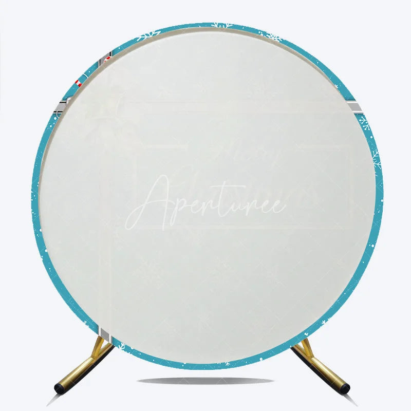 Aperturee - Aperturee Merry Christmas Round Backdrop Blue Snowflake Gift Box Silver Ribbon Jingle Bells Holiday Party Decor