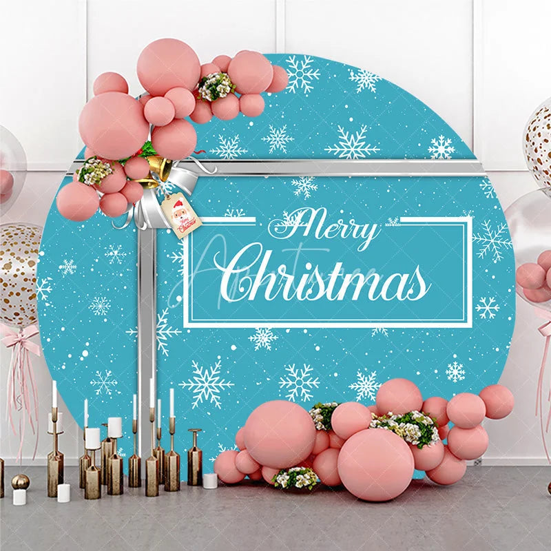 Aperturee - Aperturee Merry Christmas Round Backdrop Blue Snowflake Gift Box Silver Ribbon Jingle Bells Holiday Party Decor