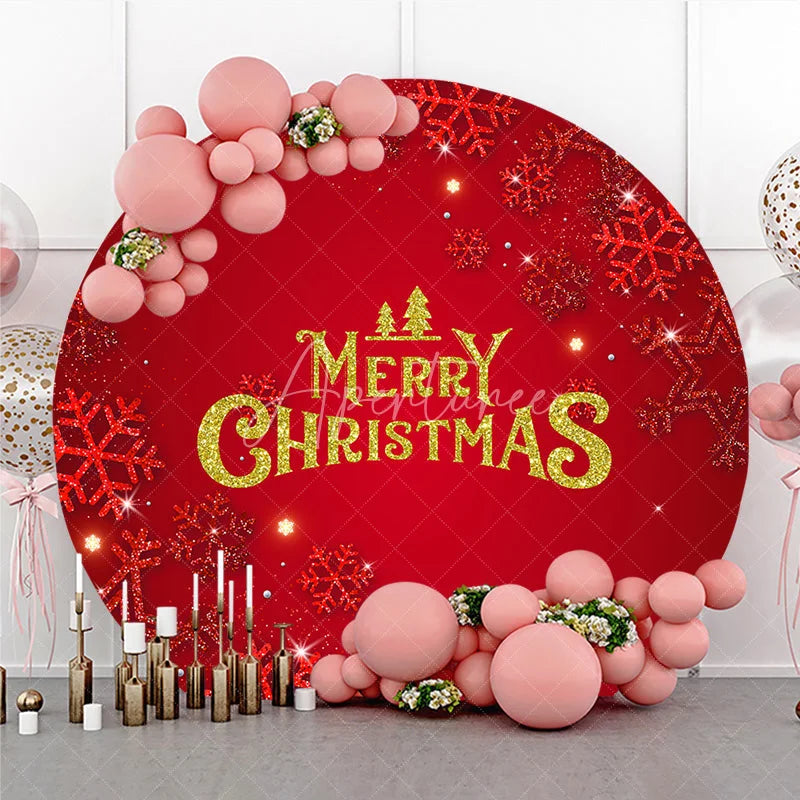 Aperturee - Aperturee Merry Christmas Round Backdrop Red Gold Glitter Snowflake Holiday Party