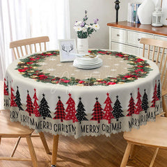 Aperturee - Aperturee Merry Christmas Round Tablecloth with Red Plaid Trees Burlap Runner Style Farmhouse Holiday Dining Decor