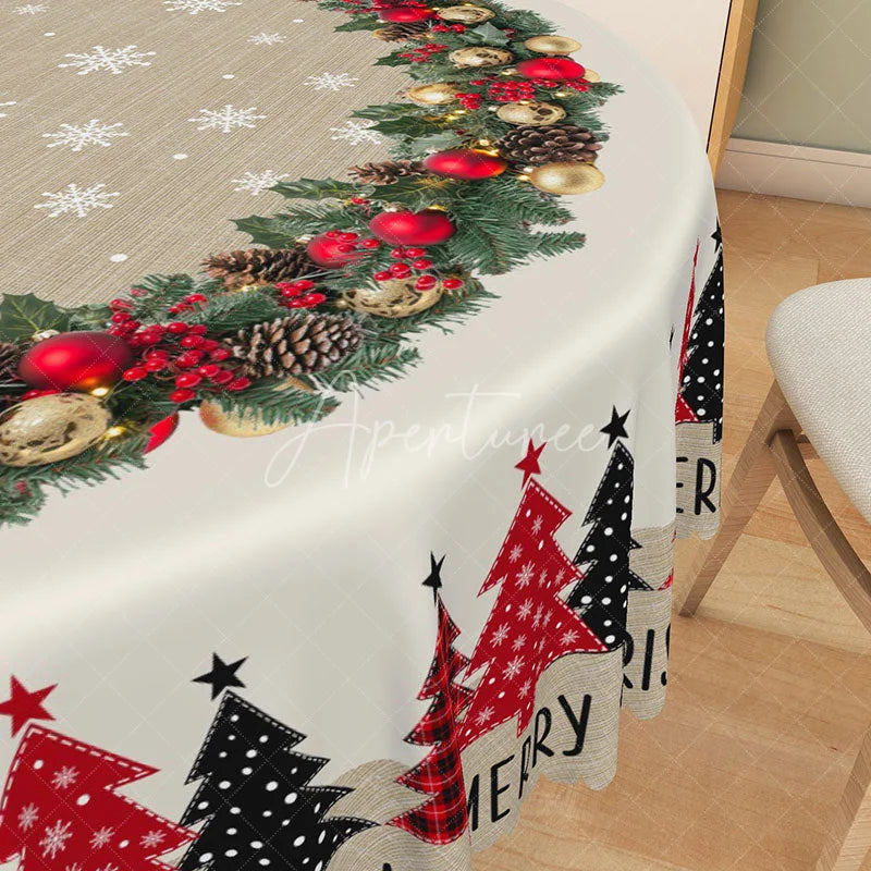 Aperturee - Aperturee Merry Christmas Round Tablecloth with Red Plaid Trees Burlap Runner Style Farmhouse Holiday Dining Decor