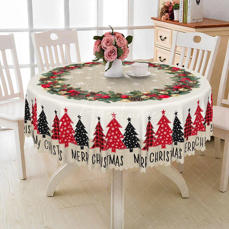 Aperturee - Aperturee Merry Christmas Round Tablecloth with Red Plaid Trees Burlap Runner Style Farmhouse Holiday Dining Decor