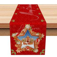 Aperturee - Aperturee Merry Christmas Star Gingerbread House Table Runner Red Holiday Dining Table Decorations