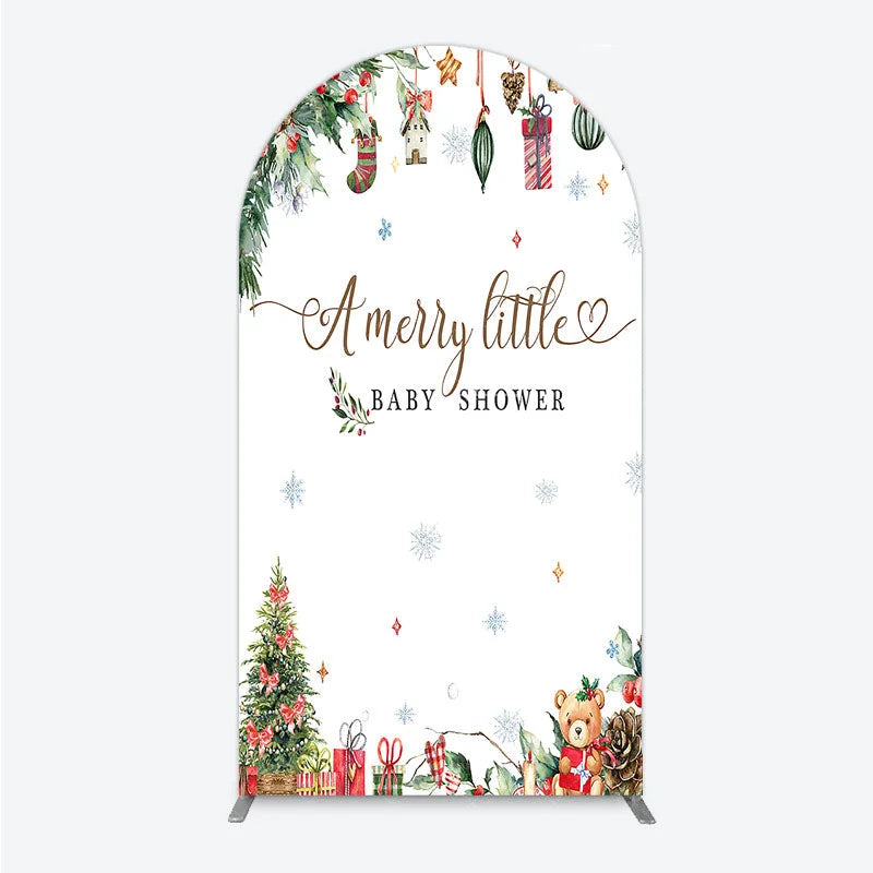 Aperturee - Aperturee Merry Little Baby Shower Arch Backdrop Christmas Tree Bear Party Decoration Winter Holiday Ornament Background