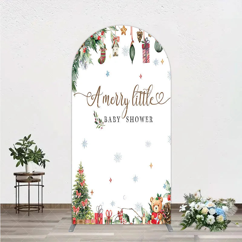 Aperturee - Aperturee Merry Little Baby Shower Arch Backdrop Christmas Tree Bear Party Decoration Winter Holiday Ornament Background