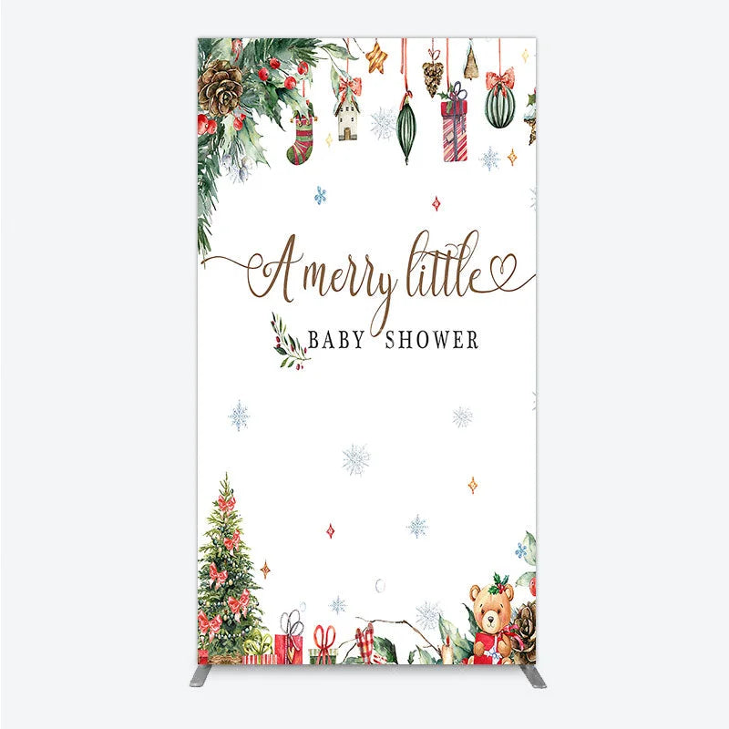 Aperturee - Aperturee Merry Little Baby Shower Rectangle Backdrop Christmas Tree Bear Party Decoration Winter Holiday Ornament Background