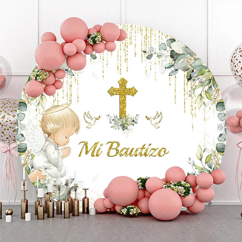 Aperturee - Aperturee Mi Bautizo Round Backdrop Gold Cross Angel Boy Greenery Baptism Decor