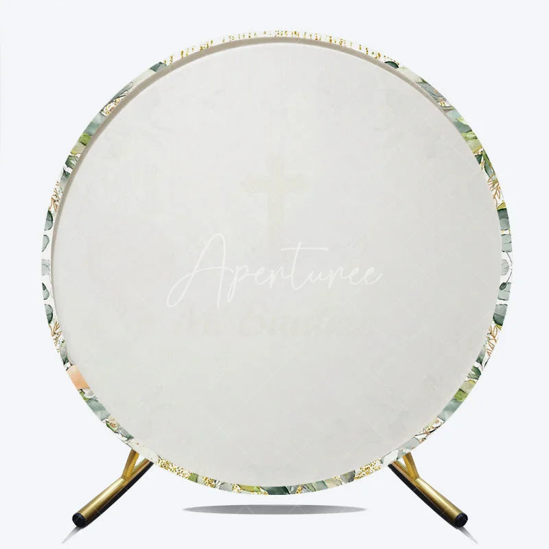 Aperturee - Aperturee Mi Bautizo Round Backdrop Gold Cross Angel Boy Greenery Baptism Decor