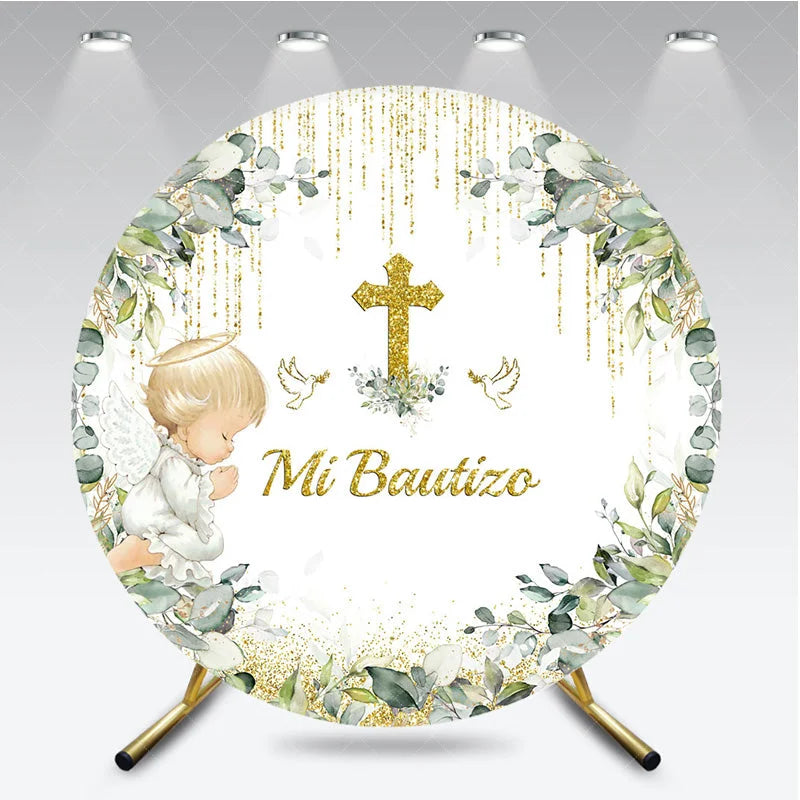 Aperturee - Aperturee Mi Bautizo Round Backdrop Gold Cross Angel Boy Greenery Baptism Decor
