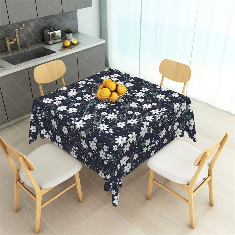 Aperturee - Aperturee Midnight Daisy Floral Rectangle Tablecloth Dark Floral Pattern Table Cover for Rustic Wedding and Dining
