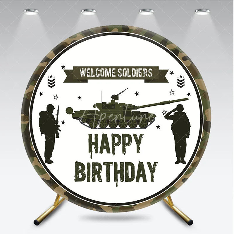 Aperturee - Aperturee Military Army Tank Soldiers Camouflage Round Backdrop Welcome Soldiers Happy Birthday Party Decoration