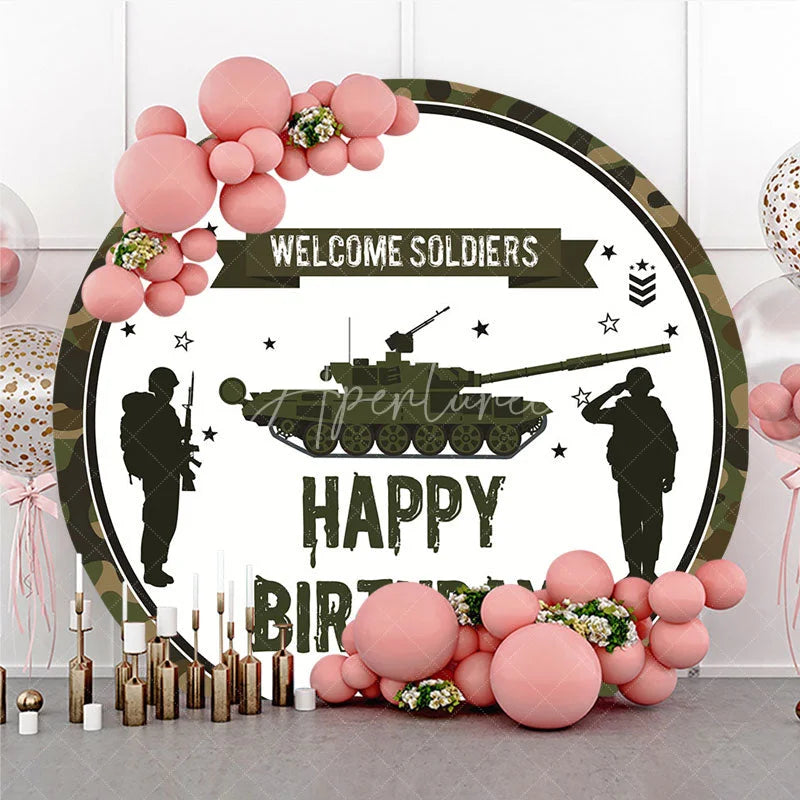 Aperturee - Aperturee Military Army Tank Soldiers Camouflage Round Backdrop Welcome Soldiers Happy Birthday Party Decoration