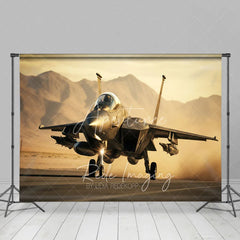 Aperturee - Aperturee Military Fighter Jet on Runway Backdrop Desert Mountain Sunset Aviation Background for Boy Room