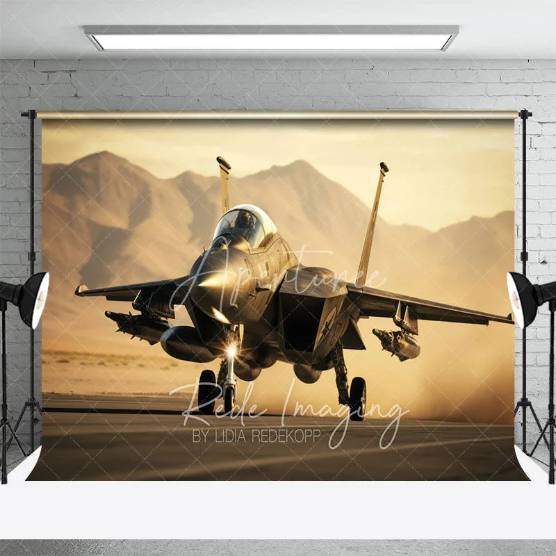 Aperturee - Aperturee Military Fighter Jet on Runway Backdrop Desert Mountain Sunset Aviation Background for Boy Room