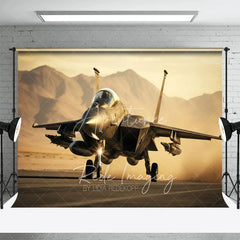 Aperturee - Aperturee Military Fighter Jet on Runway Backdrop Desert Mountain Sunset Aviation Background for Boy Room