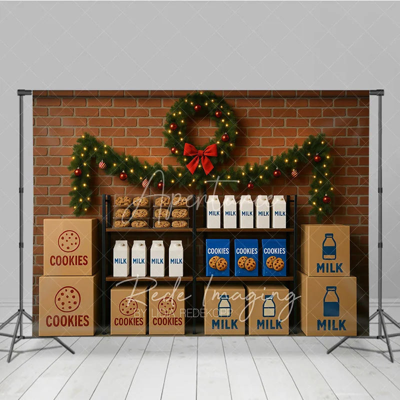 Aperturee - Aperturee Milk and Cookies for Santa Photography Backdrop Christmas Kitchen Scene Holiday Mini Session Background