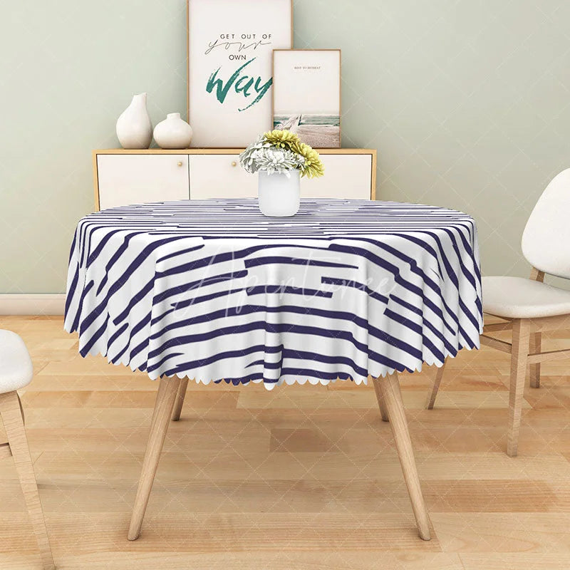 Aperturee - Aperturee Minimalist Blue and White Stripe Round Tablecloth for Modern Farmhouse and Coastal Kitchen Decor