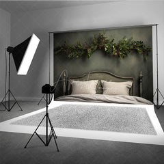 Aperturee Aperturee Minimalist Christmas Headboard Photography Backdrop Simple Greenery Garland Rustic Farmhouse Bedroom Photo Prop