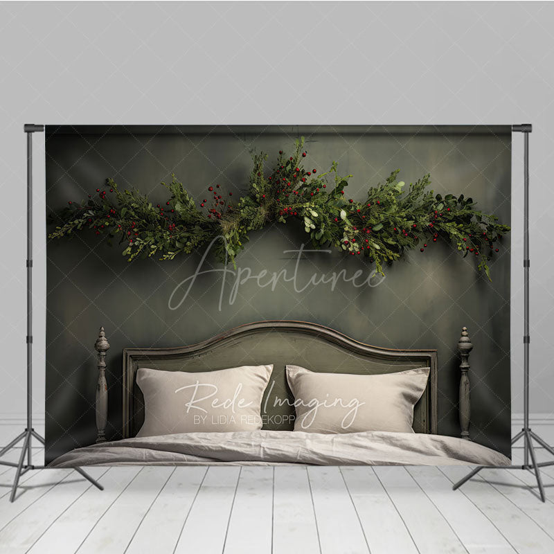 Aperturee Aperturee Minimalist Christmas Headboard Photography Backdrop Simple Greenery Garland Rustic Farmhouse Bedroom Photo Prop
