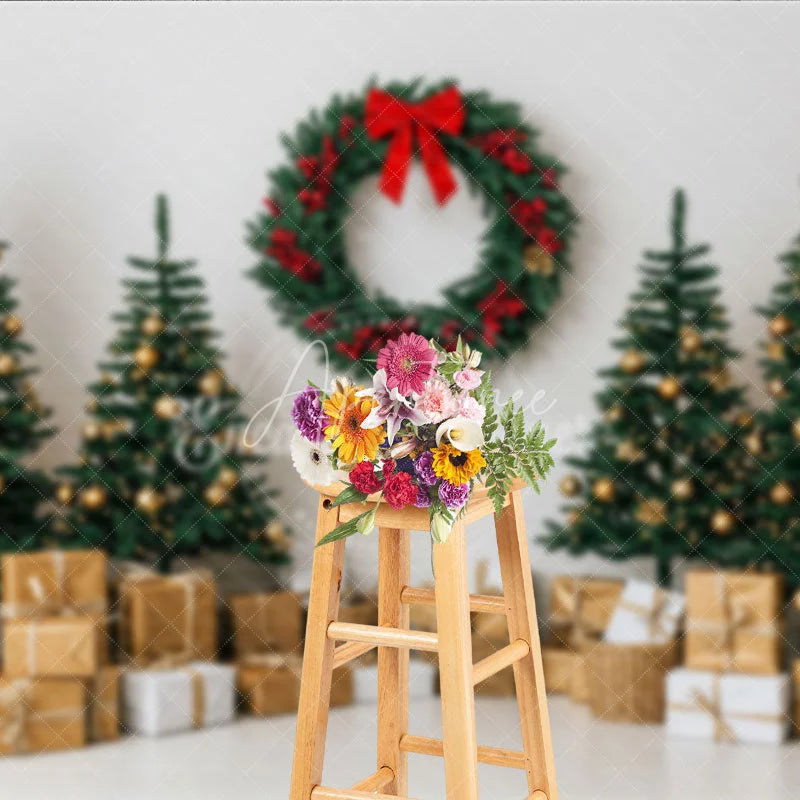 Aperturee - Aperturee Minimalist Christmas Photography Backdrop Clean White Wall with Red Wreath Modern Holiday Photo Background