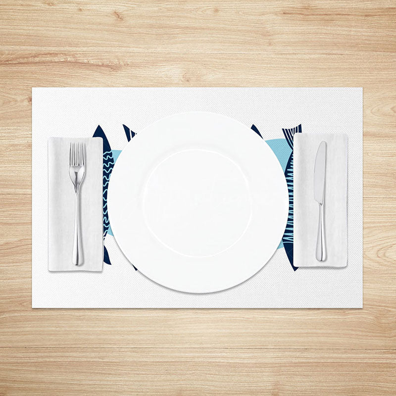 Aperturee - Aperturee Minimalist Fish Pattern Placemats Set of 4 with Blue Water Design for Coastal and Modern Dining