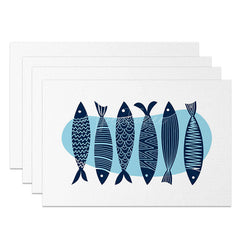 Aperturee - Aperturee Minimalist Fish Pattern Placemats Set of 4 with Blue Water Design for Coastal and Modern Dining