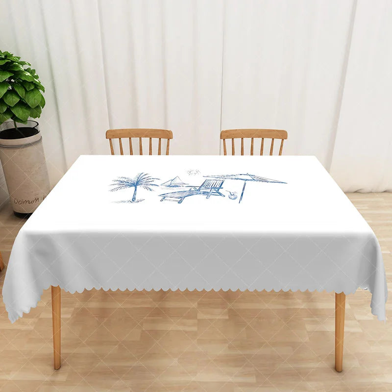 Aperturee - Aperturee Minimalist Light Gray and Blue Palm Leaf Rectangle Tablecloth for Modern and Coastal Dining Decor