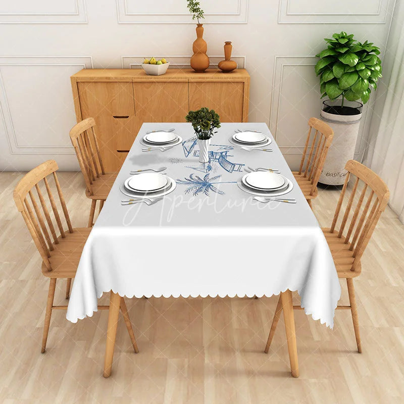 Aperturee - Aperturee Minimalist Light Gray and Blue Palm Leaf Rectangle Tablecloth for Modern and Coastal Dining Decor