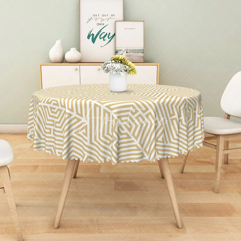 Aperturee - Aperturee Minimalist Linear Round Tablecloth in Yellow and White for Modern and Scandinavian Style Kitchen Decor