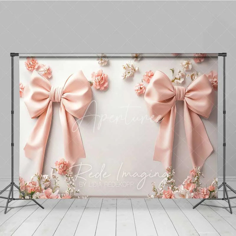 Aperturee - Aperturee Minimalist Pink Bow Floral Photography Backdrop White Wall Wedding Decoration Background