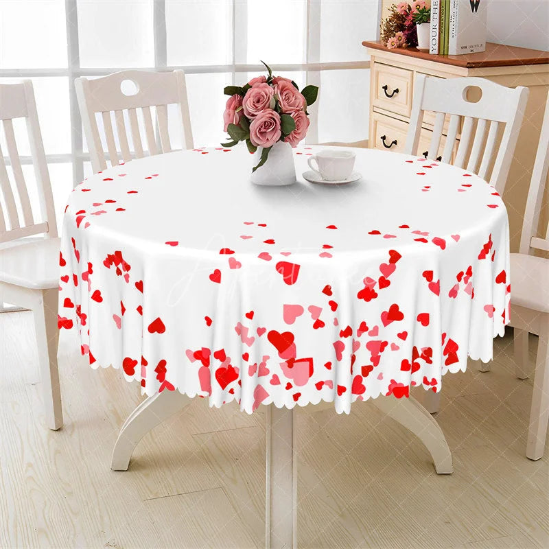 Aperturee - Aperturee Minimalist Red Heart Round Tablecloth Simple White Love Pattern Table Cover for Valentine