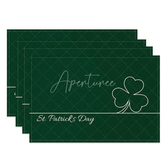 Aperturee - Aperturee Minimalist St. Patricks Day Set of 4 Placemats White Shamrock Outline and Dark Green Dining Table Mats