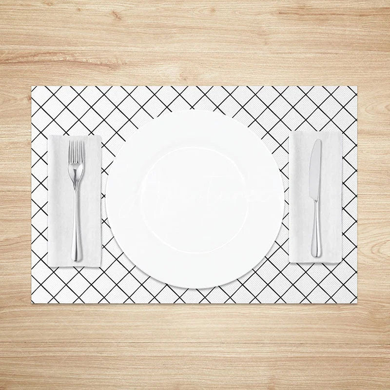 Aperturee - Aperturee Minimalist White and Black Lines Rhombus Set of 4 Placemats for Modern Geometric and Scandinavian Decor