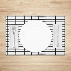 Aperturee - Aperturee Minimalist White and Black Plaid Print Set of 4 Placemats for Modern Farmhouse and Scandinavian Decor