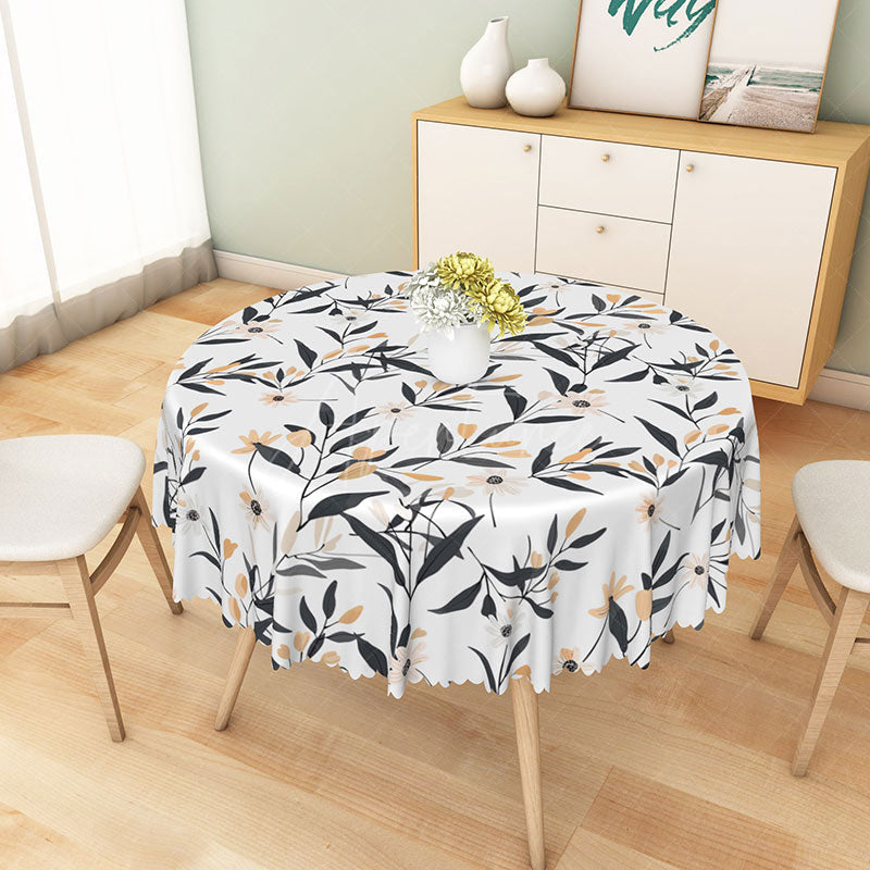 Aperturee - Aperturee Minimalist White Round Tablecloth with Leaf and Floral Line Art for Modern Botanical Dining Decor