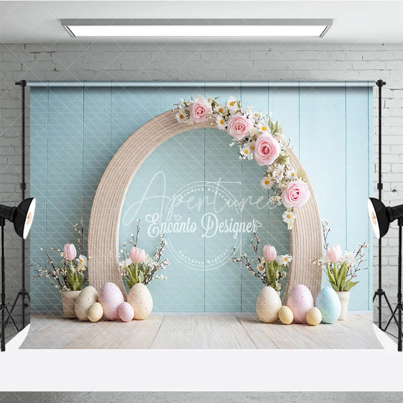 Aperturee - Aperturee Minimalist Wood Arch Easter Photography Backdrop Pink Roses and Pastel Eggs Blue Wall Studio Background