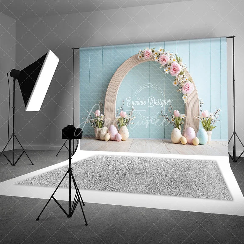 Aperturee - Aperturee Minimalist Wood Arch Easter Photography Backdrop Pink Roses and Pastel Eggs Blue Wall Studio Background