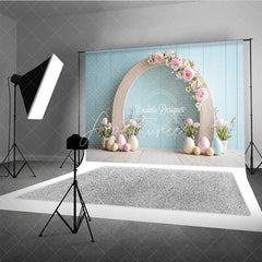 Aperturee - Aperturee Minimalist Wood Arch Easter Photography Backdrop Pink Roses and Pastel Eggs Blue Wall Studio Background