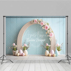 Aperturee - Aperturee Minimalist Wood Arch Easter Photography Backdrop Pink Roses and Pastel Eggs Blue Wall Studio Background