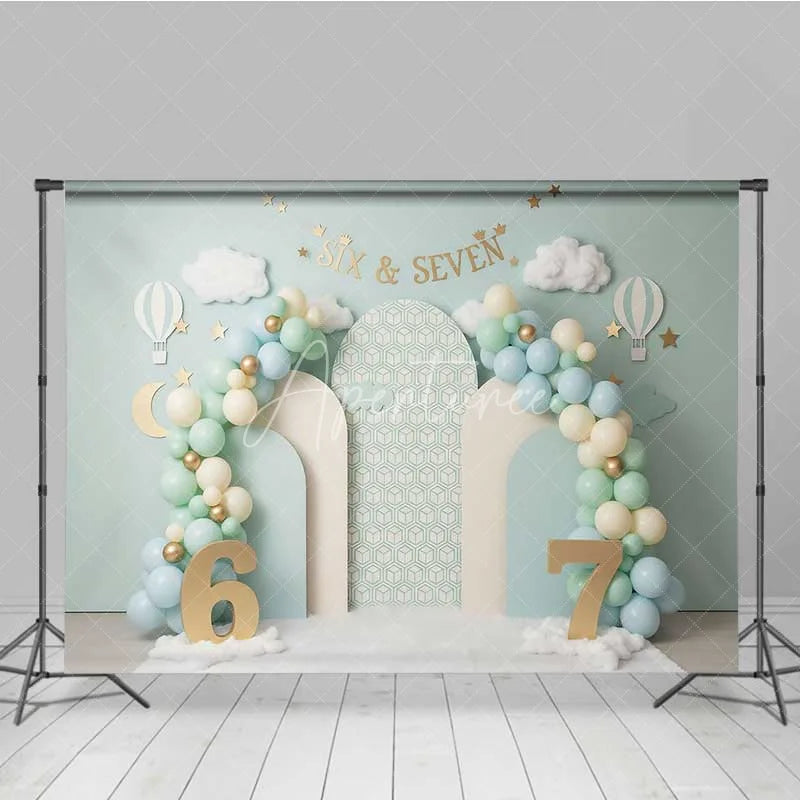Aperturee - Aperturee Mint Green Six and Seven Photography Backdrop Hot Air Balloon Birthday Banner