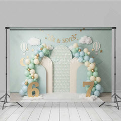 Aperturee - Aperturee Mint Green Six and Seven Photography Backdrop Hot Air Balloon Birthday Banner
