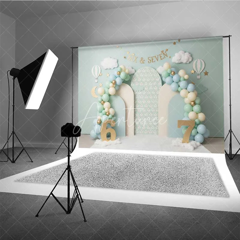 Aperturee - Aperturee Mint Green Six and Seven Photography Backdrop Hot Air Balloon Birthday Banner