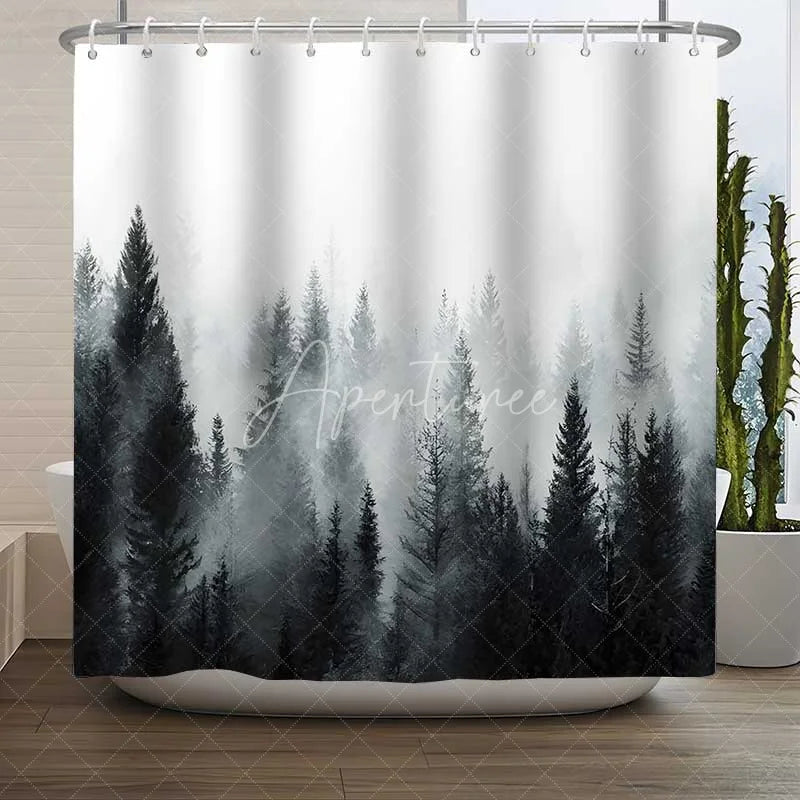 Aperturee - Aperturee Misty Pine Forest Shower Curtain Foggy Nature Tree Landscape Bathroom Decoration Modern Farmhouse Grey Woodland Bath