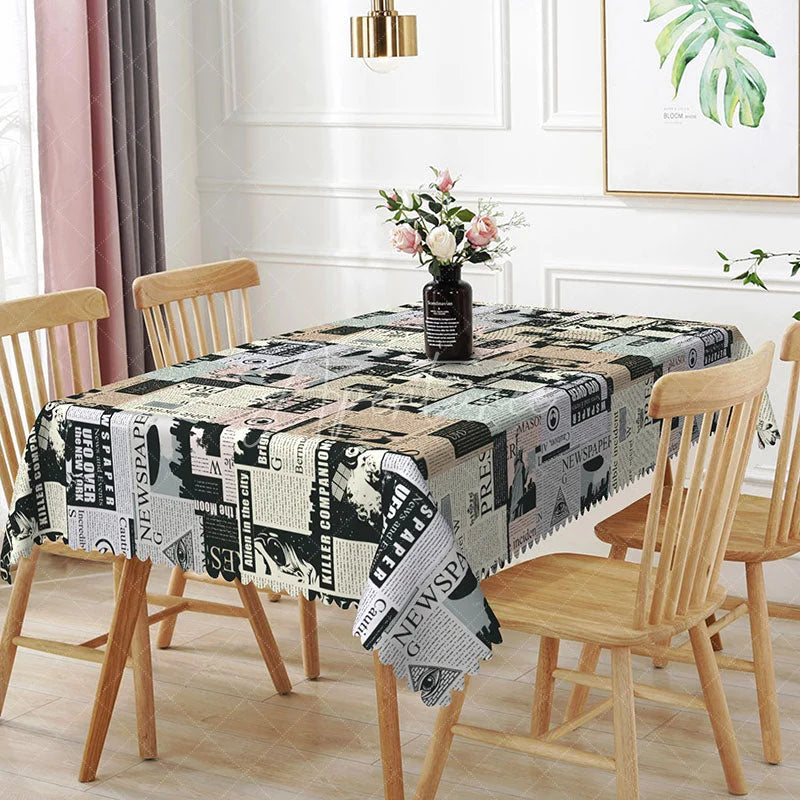 Aperturee - Aperturee Mixed Newspaper Collage Rectangle Tablecloth Black and White Headline Print Retro Media Theme Dining Decor