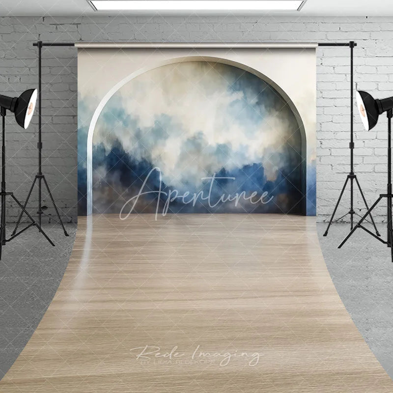 Aperturee - Aperturee Modern Abstract Blue and Beige Painterly Arch Sweep Backdrop Elegant Wooden Floor Studio Photography